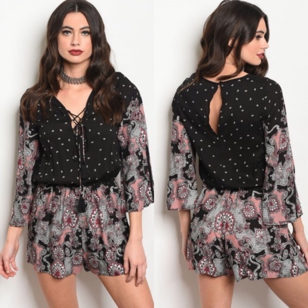 Black and Mauve Lace-Up Tie-Back Romper Jumpsuit